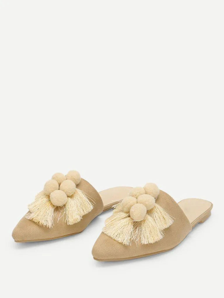 Pom Pom & Tassel Front Flat Mules