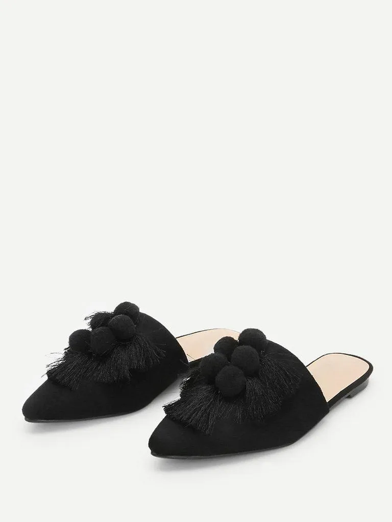 Pom Pom & Tassel Front Flat Mules