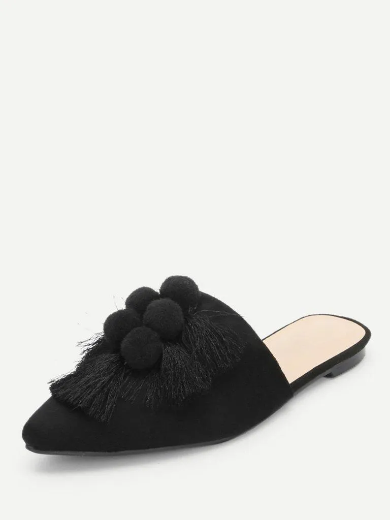 Pom Pom & Tassel Front Flat Mules