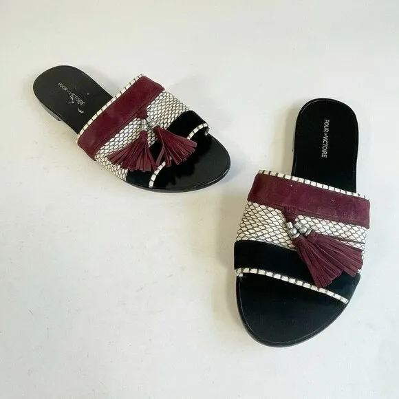 Pour La Victoire Womens Slip On Snake Tasseled Slide Black US 7 Leather Flats