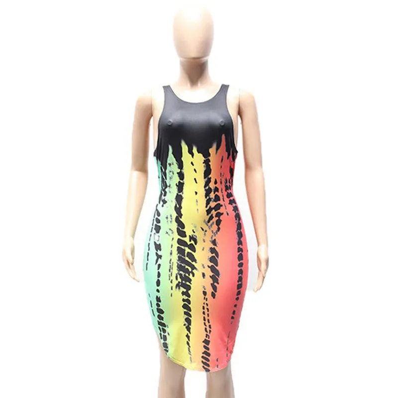 Rainbow Printed Bandage O-neck Party Dress