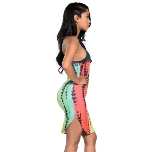 Rainbow Printed Bandage O-neck Party Dress