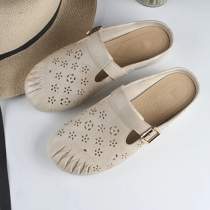 Round Head Hollow Carved Flowers Low Heel Women's Slippers