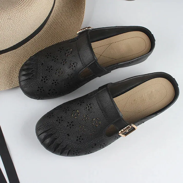 Round Head Hollow Carved Flowers Low Heel Women's Slippers