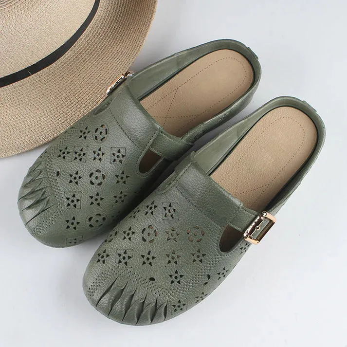 Round Head Hollow Carved Flowers Low Heel Women's Slippers