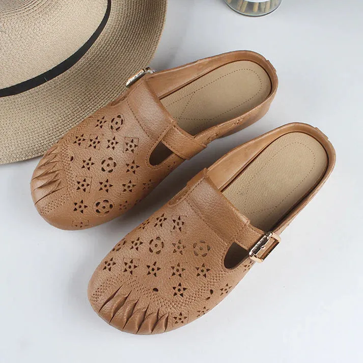 Round Head Hollow Carved Flowers Low Heel Women's Slippers