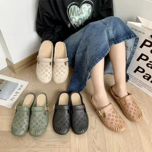 Round Head Hollow Carved Flowers Low Heel Women's Slippers