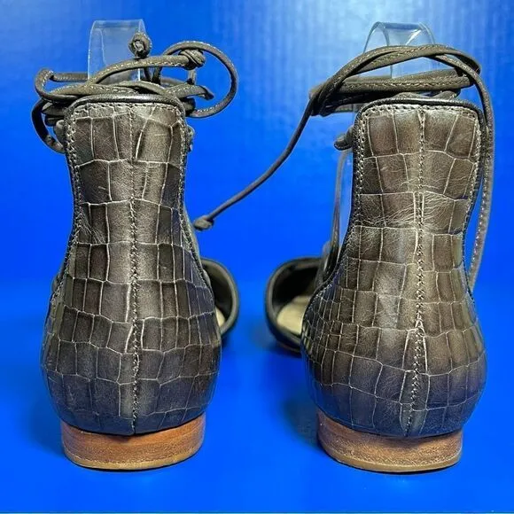 SCHUTZ Womens Neida Grey Crocodile Point Toe D'Orsay Leather Lace Up Flats 6B