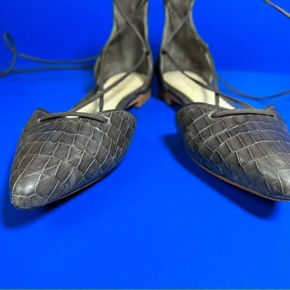 SCHUTZ Womens Neida Grey Crocodile Point Toe D'Orsay Leather Lace Up Flats 6B