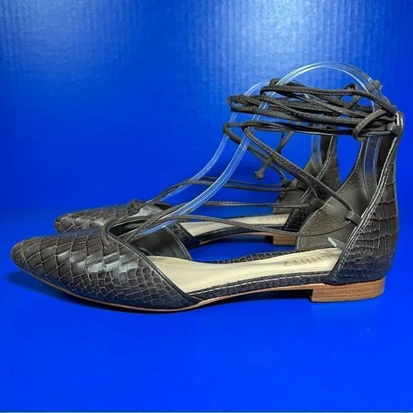 SCHUTZ Womens Neida Grey Crocodile Point Toe D'Orsay Leather Lace Up Flats 6B
