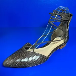 SCHUTZ Womens Neida Grey Crocodile Point Toe D'Orsay Leather Lace Up Flats 6B