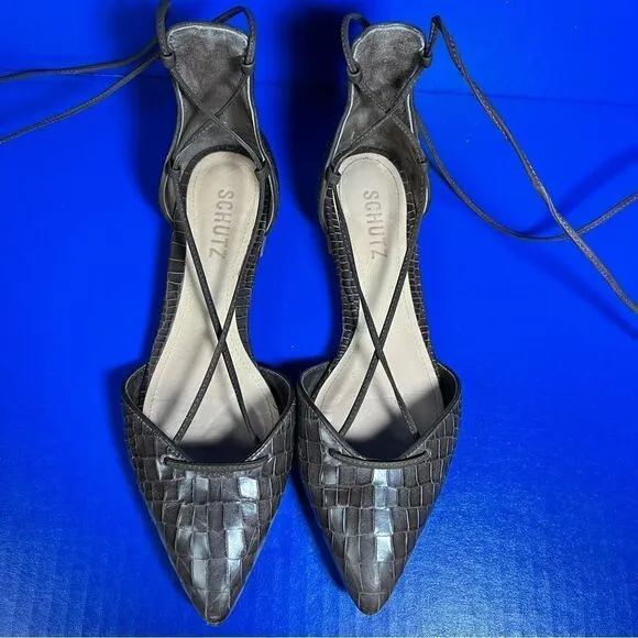 SCHUTZ Womens Neida Grey Crocodile Point Toe D'Orsay Leather Lace Up Flats 6B