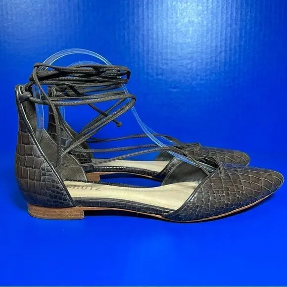 SCHUTZ Womens Neida Grey Crocodile Point Toe D'Orsay Leather Lace Up Flats 6B