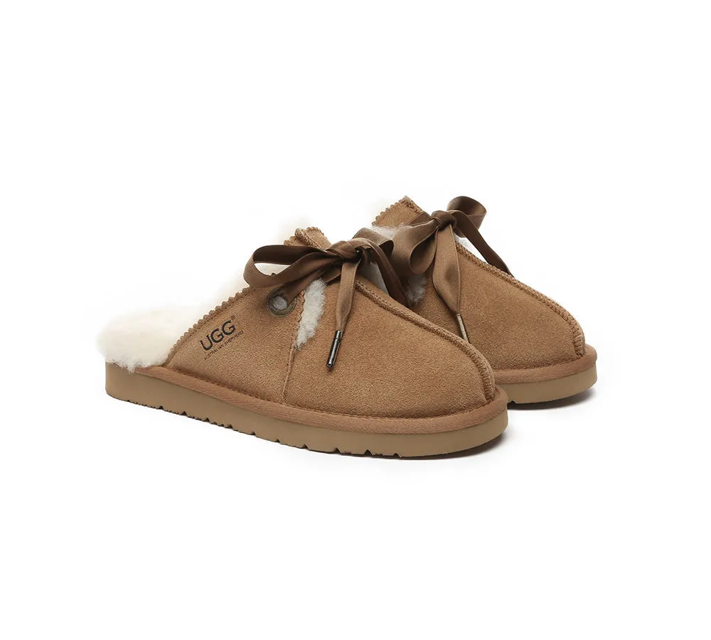 Sheepskin Wool Adjustable Ribbon Slippers Ruby