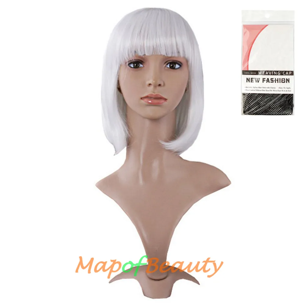 Short Bob Straight Wigs Synthetic Flat Bangs Heat Resistant Ordinary Wig