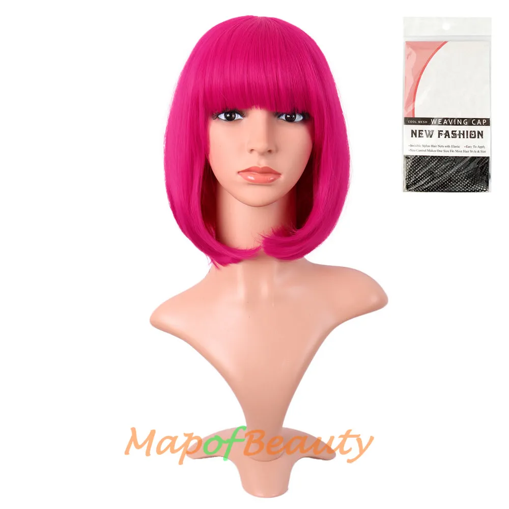 Short Bob Straight Wigs Synthetic Flat Bangs Heat Resistant Ordinary Wig