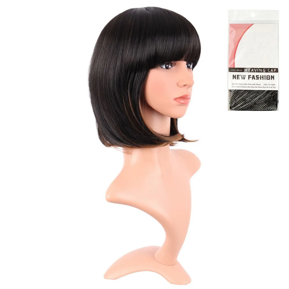 Short Bob Straight Wigs Synthetic Flat Bangs Heat Resistant Ordinary Wig
