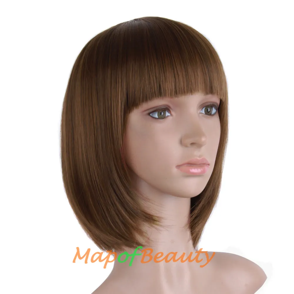 Short Bob Straight Wigs Synthetic Flat Bangs Heat Resistant Ordinary Wig