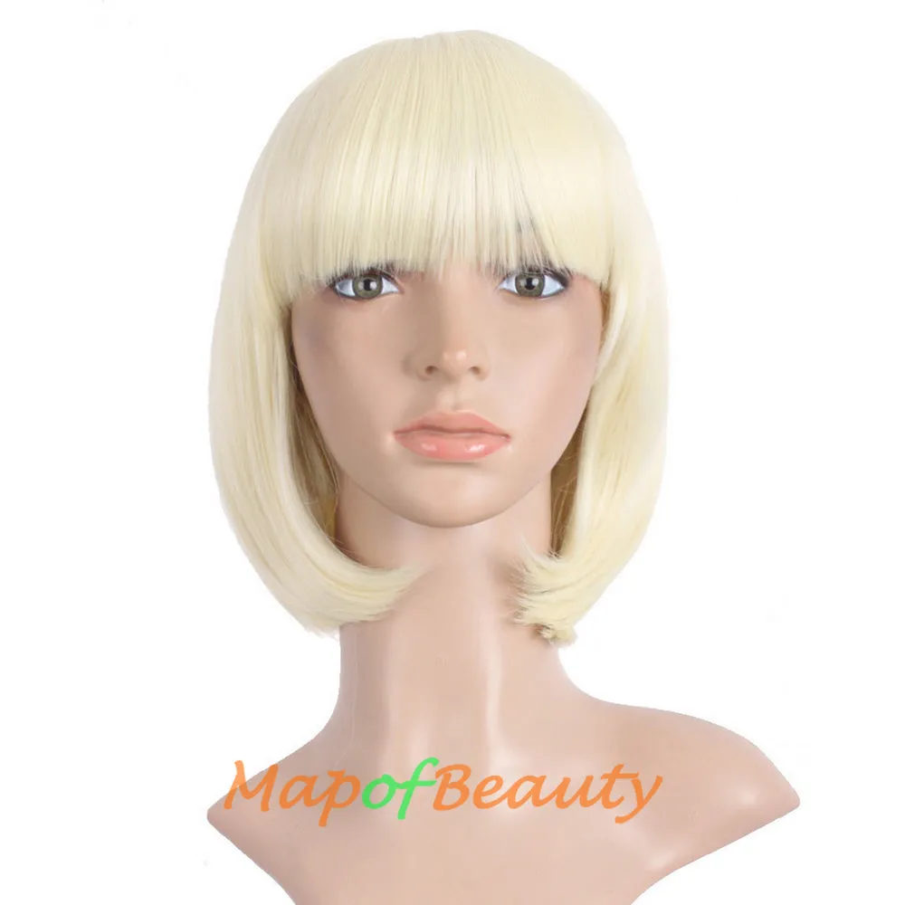 Short Bob Straight Wigs Synthetic Flat Bangs Heat Resistant Ordinary Wig