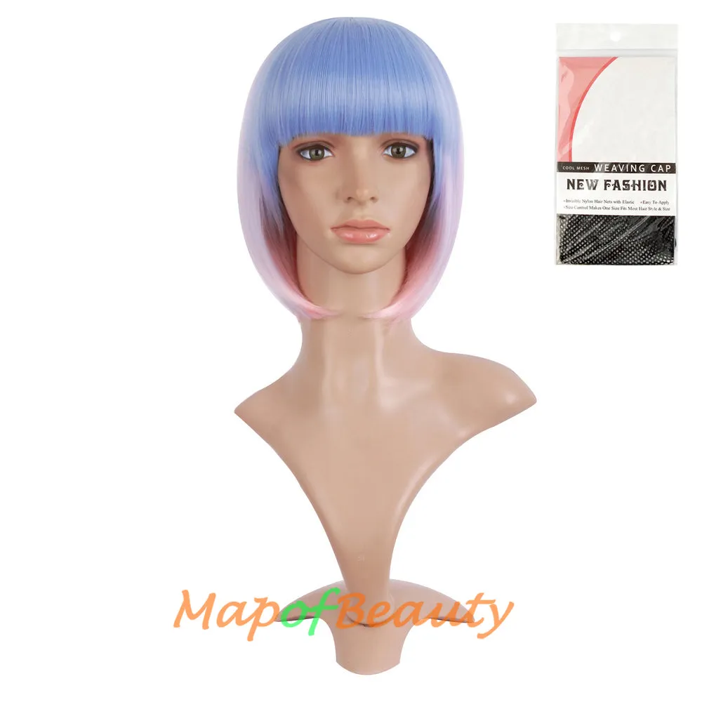Short Bob Straight Wigs Synthetic Flat Bangs Heat Resistant Ordinary Wig