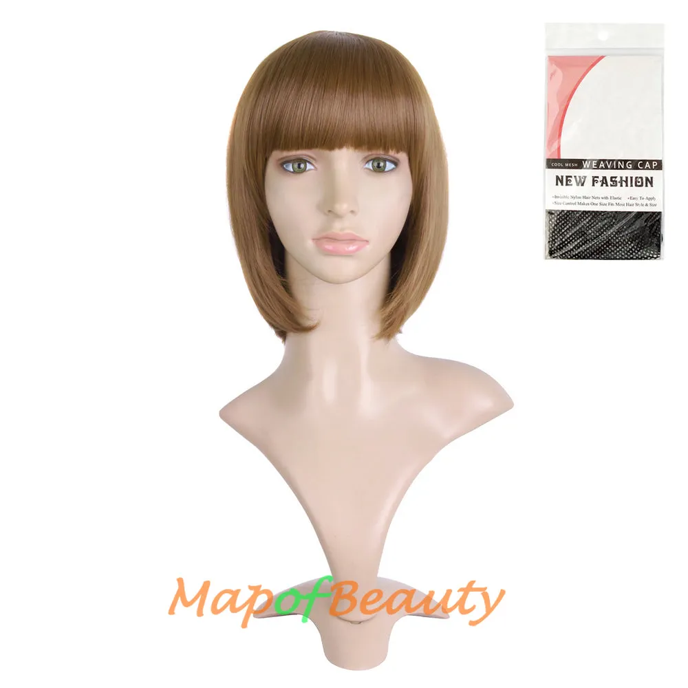 Short Bob Straight Wigs Synthetic Flat Bangs Heat Resistant Ordinary Wig