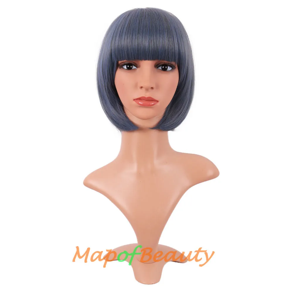 Short Bob Straight Wigs Synthetic Flat Bangs Heat Resistant Ordinary Wig
