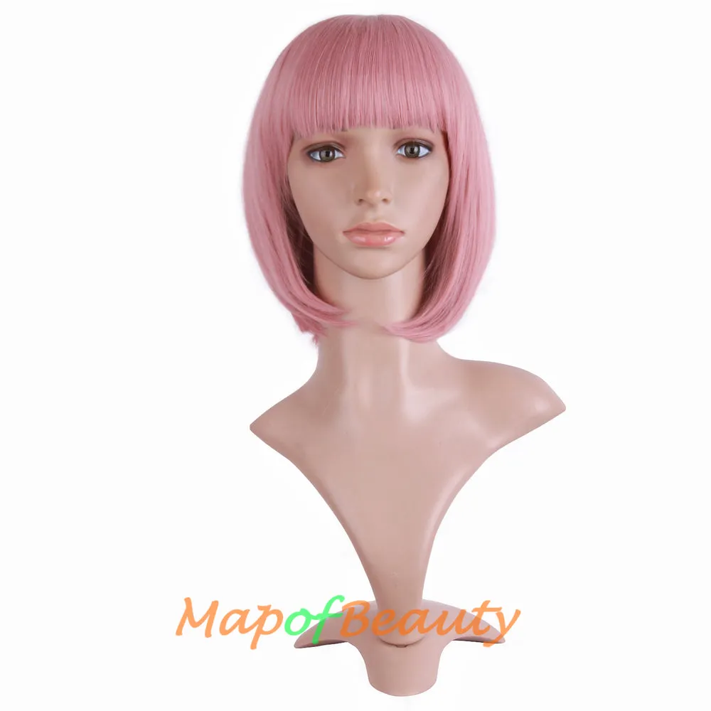 Short Bob Straight Wigs Synthetic Flat Bangs Heat Resistant Ordinary Wig