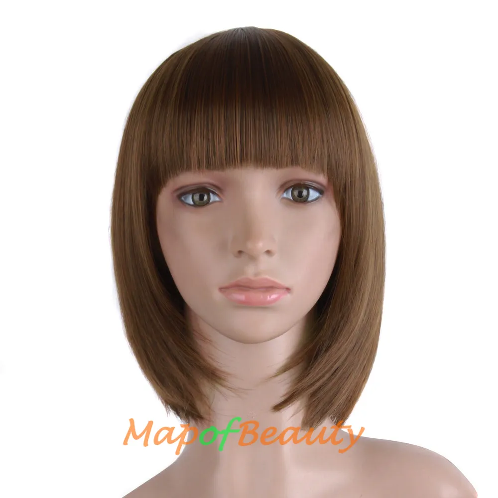 Short Bob Straight Wigs Synthetic Flat Bangs Heat Resistant Ordinary Wig