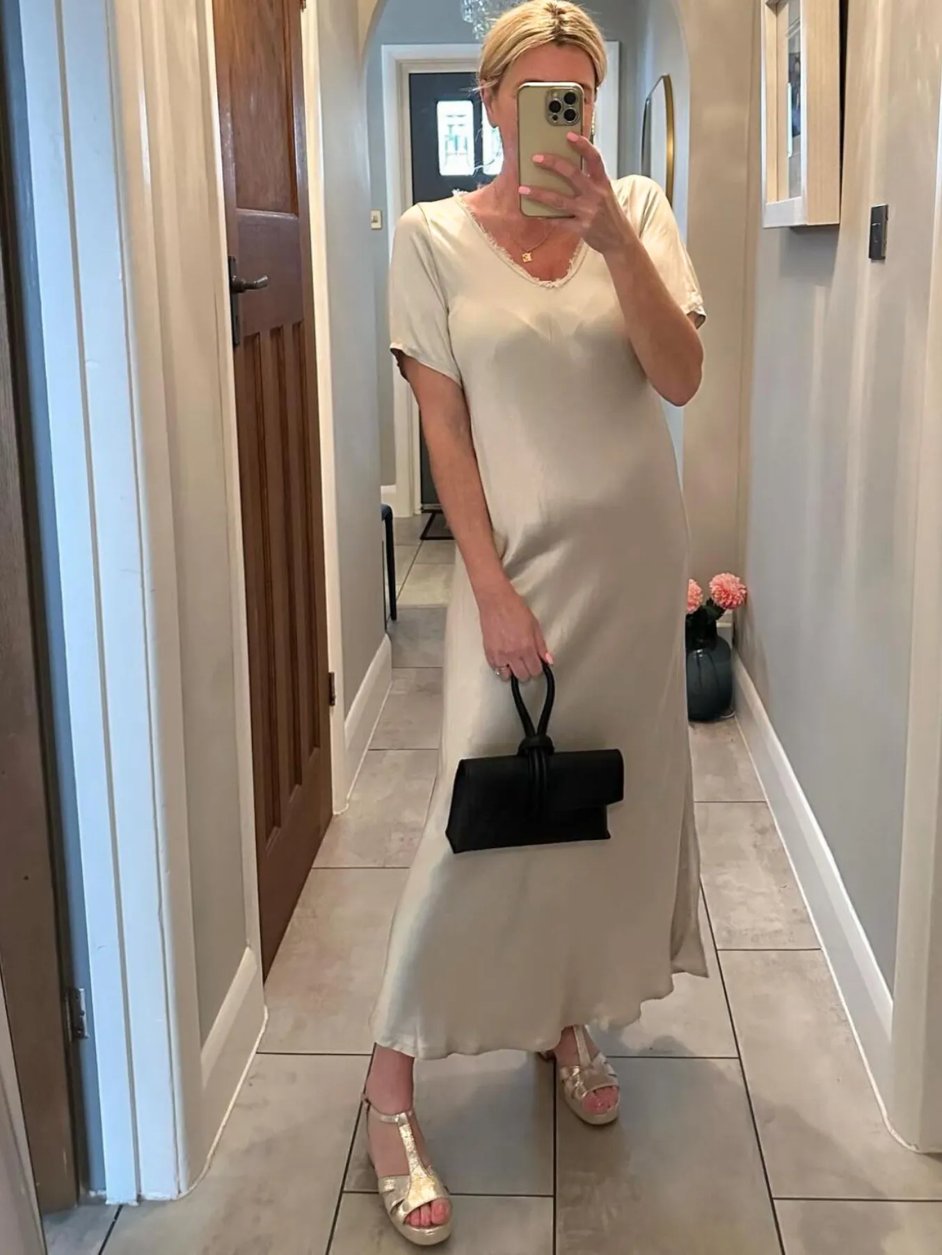 Silver Short Sleeve Satin Slip Dress