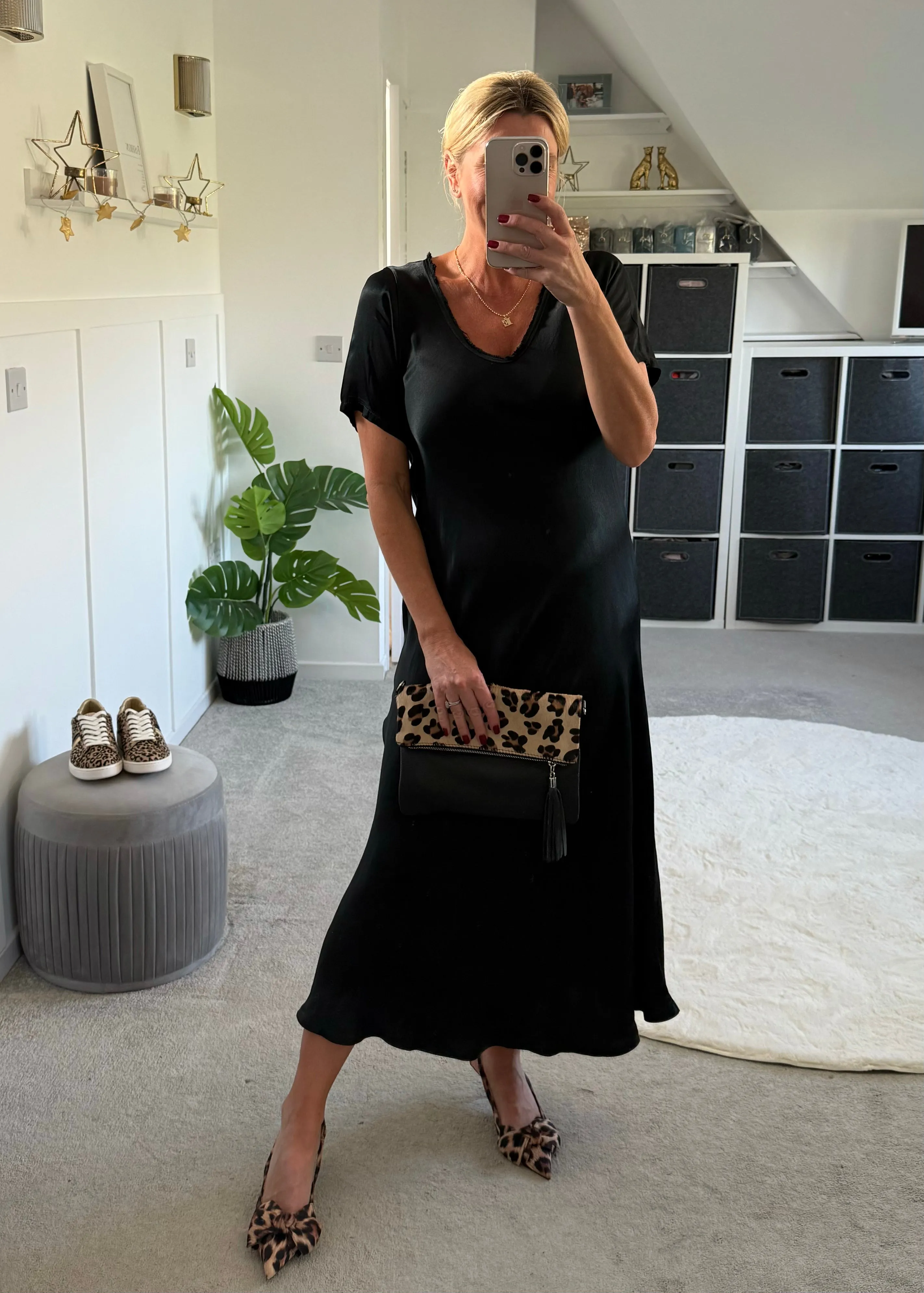 Silver Short Sleeve Satin Slip Dress