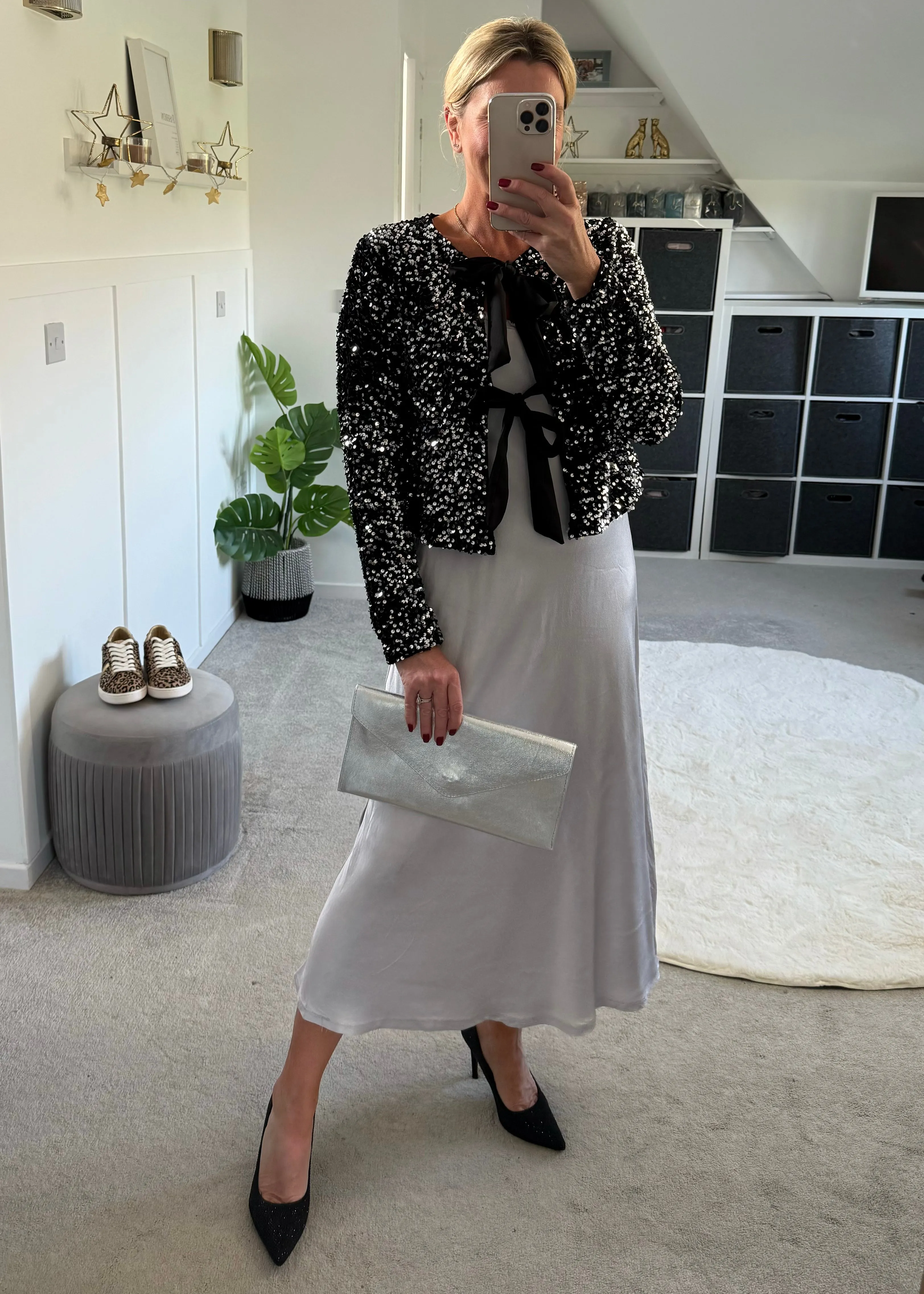 Silver Short Sleeve Satin Slip Dress