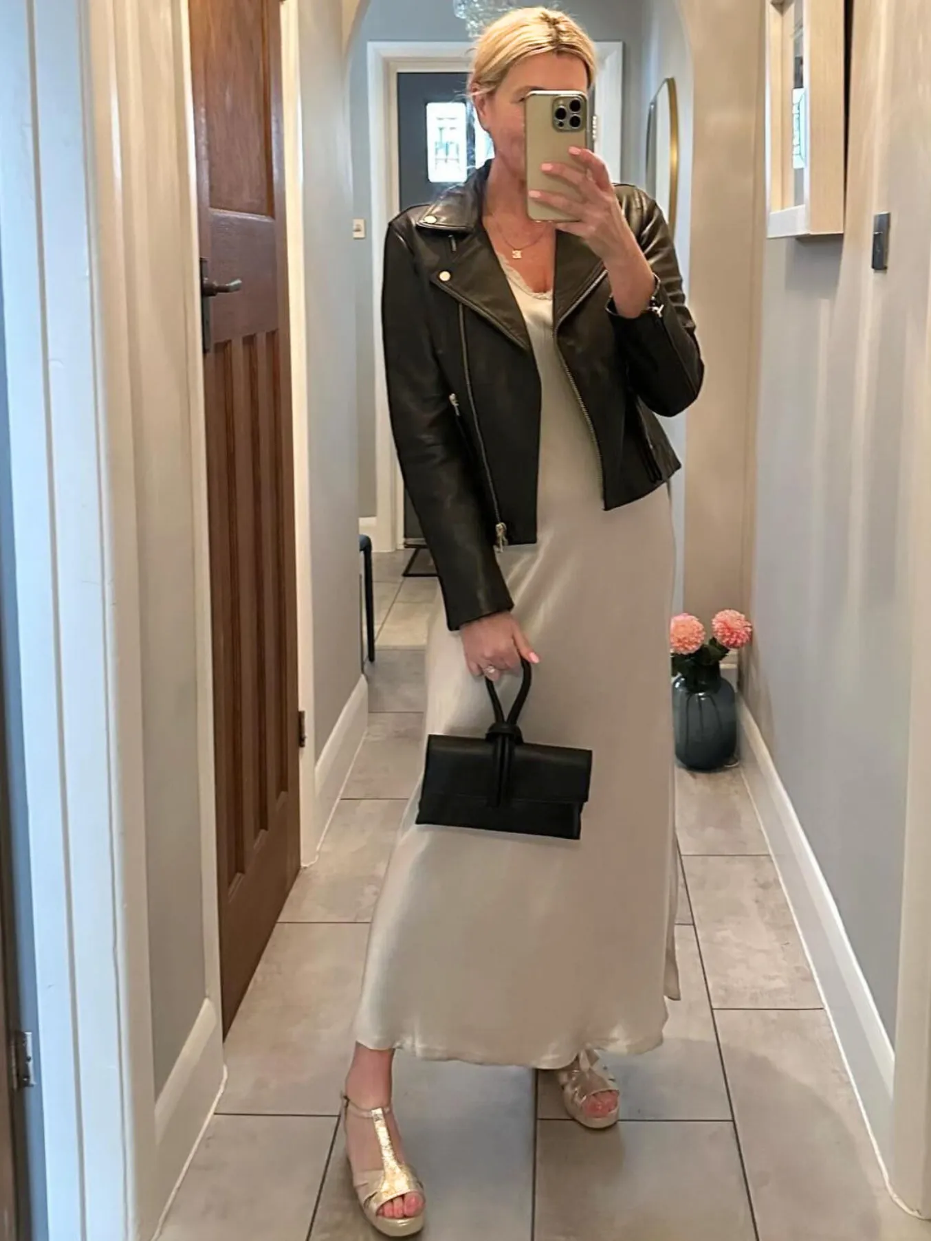 Silver Short Sleeve Satin Slip Dress