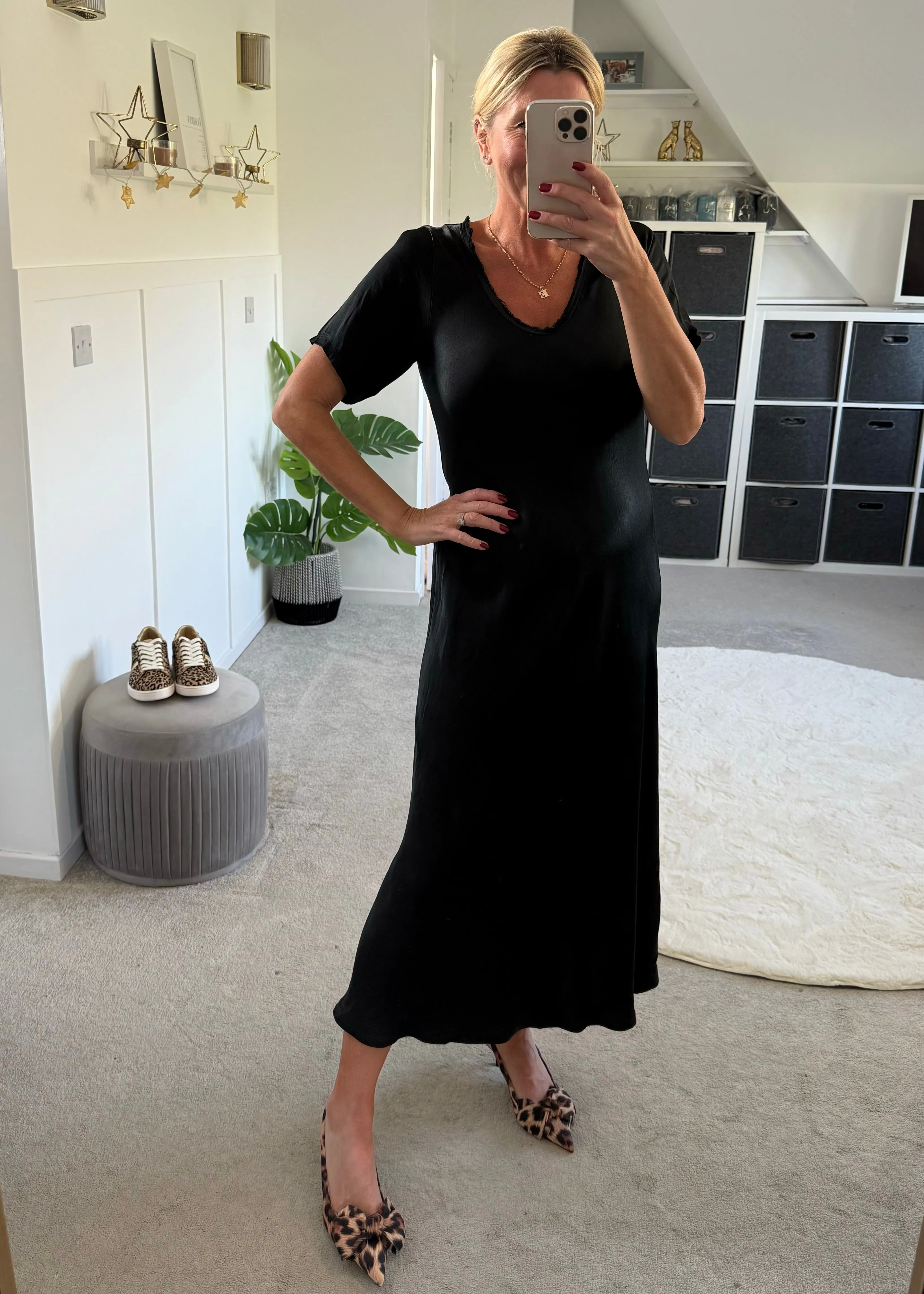 Silver Short Sleeve Satin Slip Dress