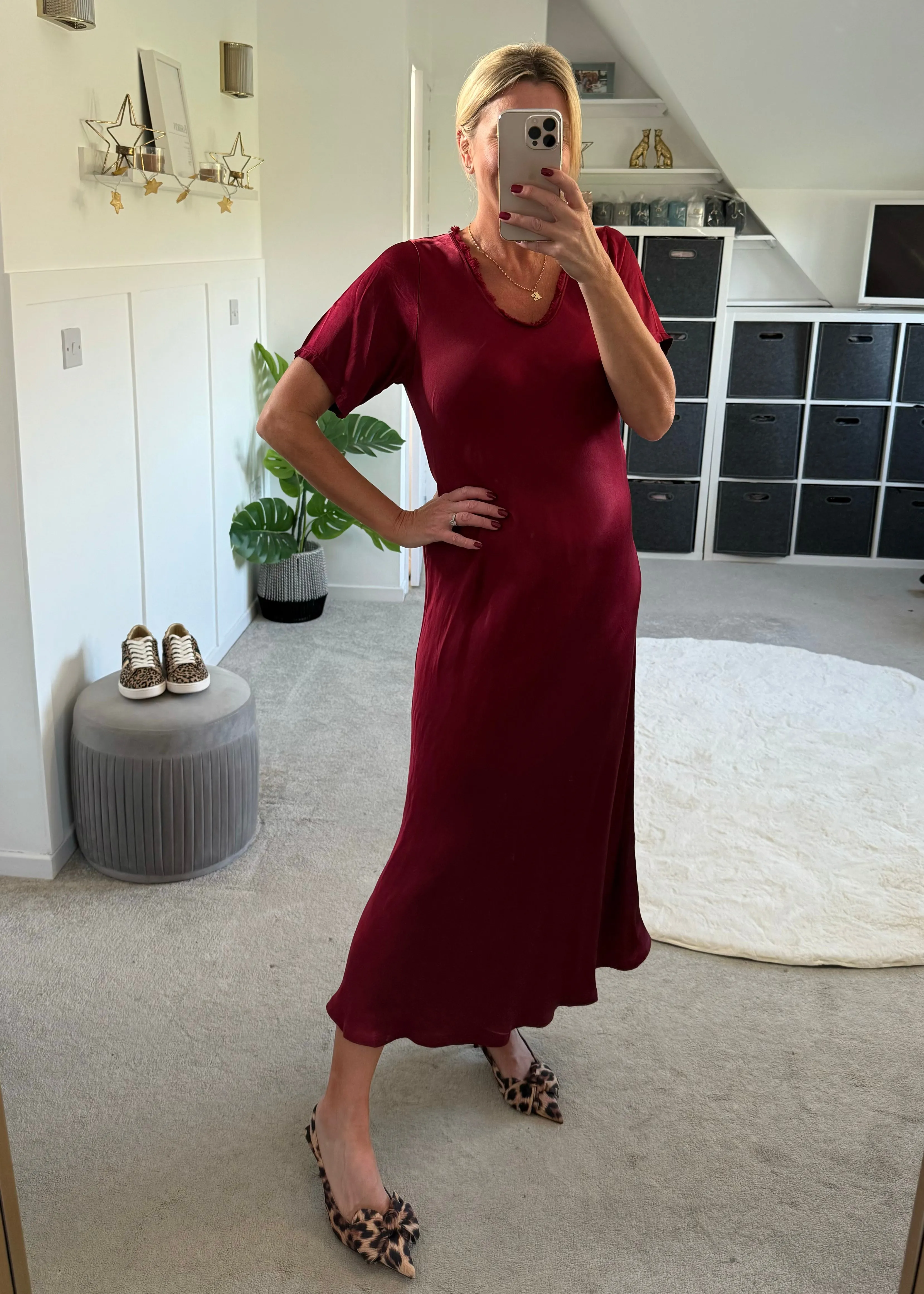 Silver Short Sleeve Satin Slip Dress