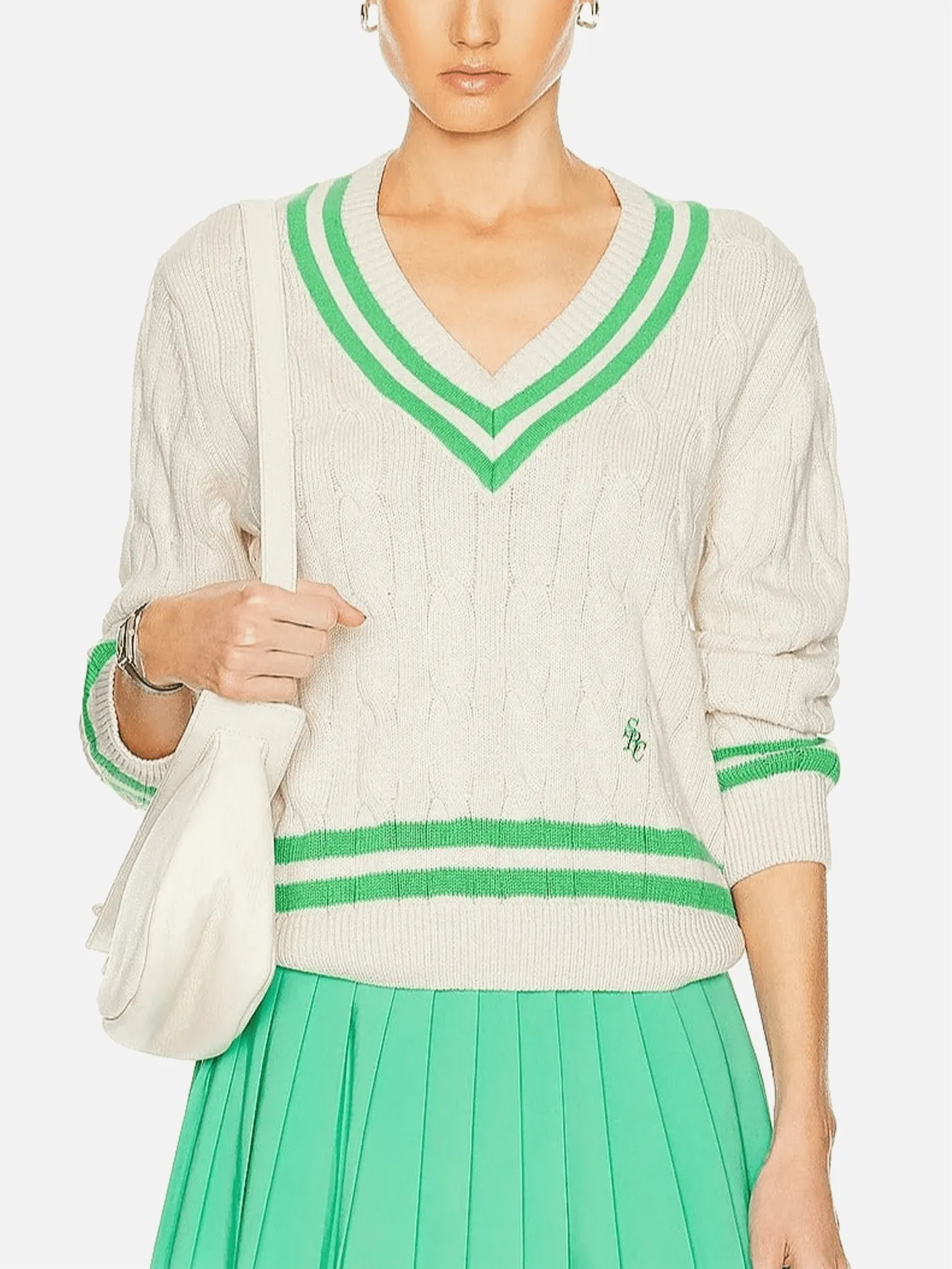 SRC Cableknit V-Neck Sweater - Cream/Clean Mint