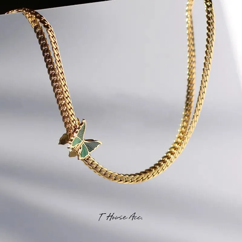 Stainless Steel Gold Plated Enamel Butterfly Necklace
