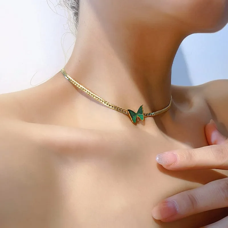 Stainless Steel Gold Plated Enamel Butterfly Necklace
