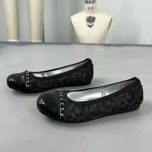 Stuart Weitzman Fannie Quilted Girls Leopard Ballet Flats Chain