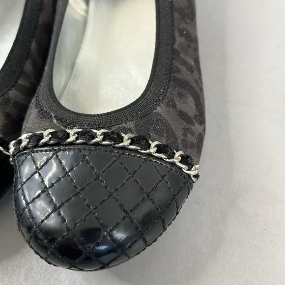 Stuart Weitzman Fannie Quilted Girls Leopard Ballet Flats Chain