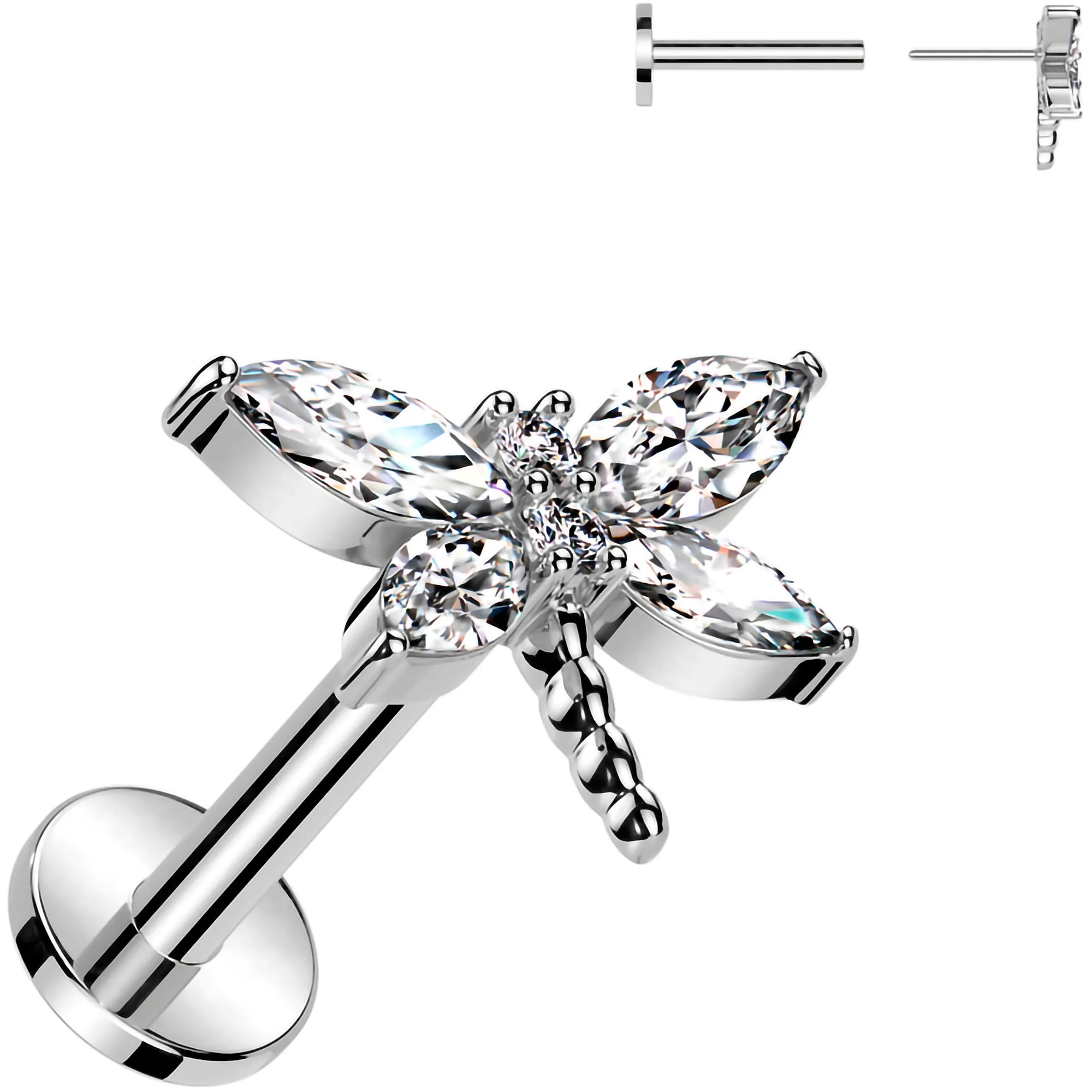 Surgical Steel Flat Back Earring - 16 Gauge With Cubic Zirconia Dragonfly