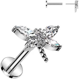 Surgical Steel Flat Back Earring - 18 Gauge With Cubic Zirconia Dragonfly