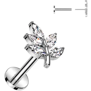 Surgical Steel Flat Back Earring - 18 Gauge With Cubic Zirconia Leaves