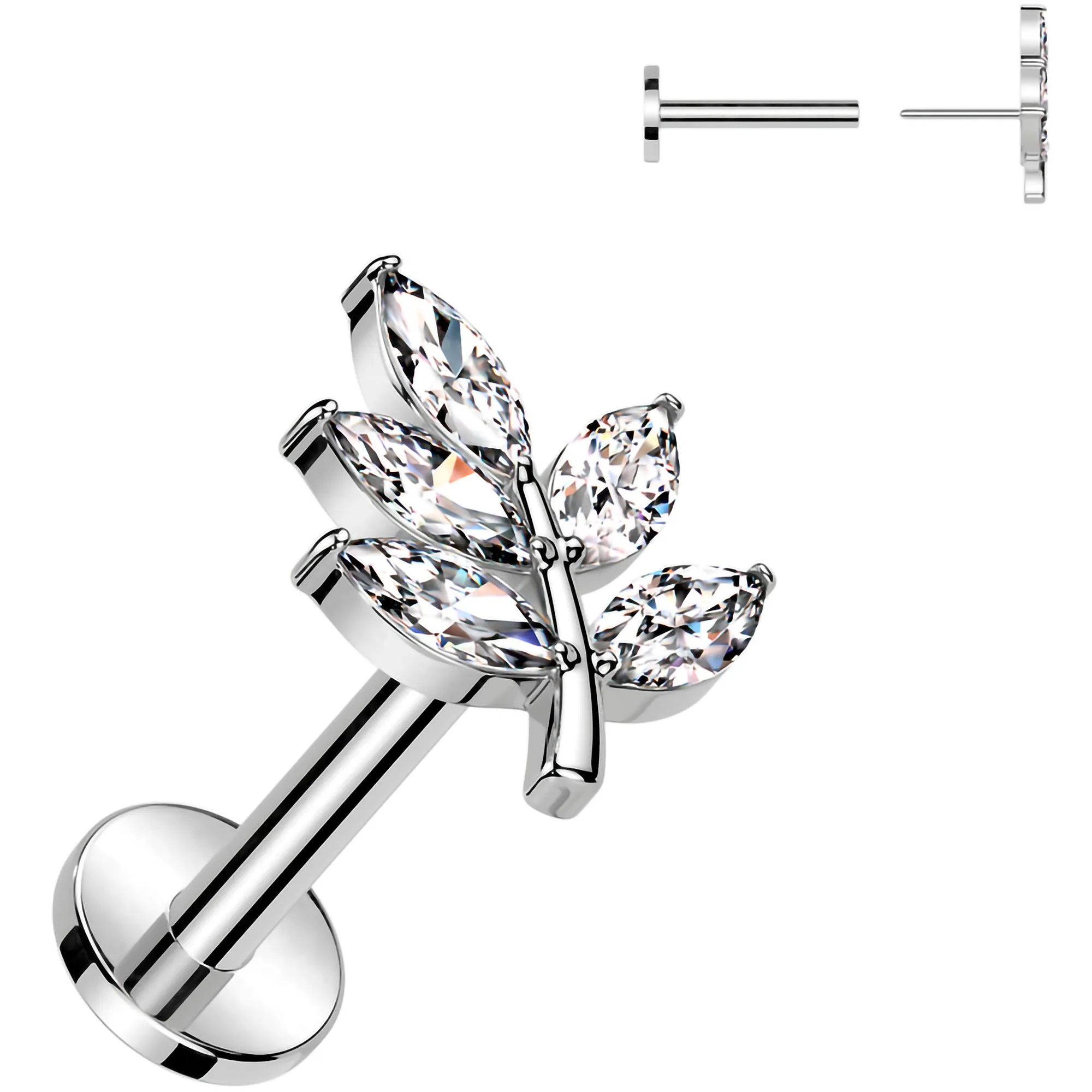 Surgical Steel Flat Back Earring - 18 Gauge With Cubic Zirconia Leaves