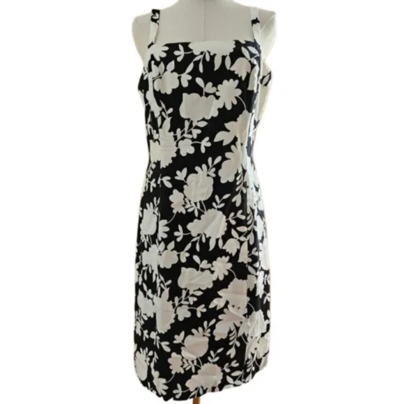 Tahari Black &amp; White Floral Cotton Sleeveless Shift Midi Dress-Size 10