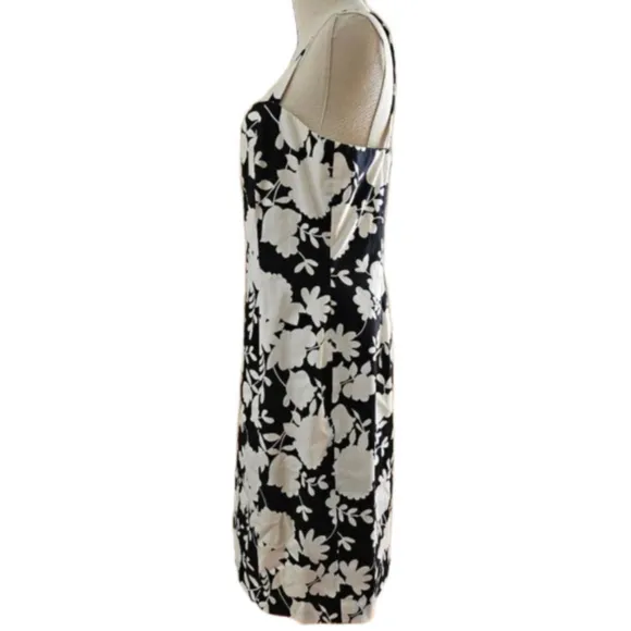 Tahari Black &amp; White Floral Cotton Sleeveless Shift Midi Dress-Size 10