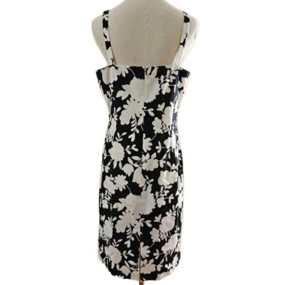 Tahari Black &amp; White Floral Cotton Sleeveless Shift Midi Dress-Size 10