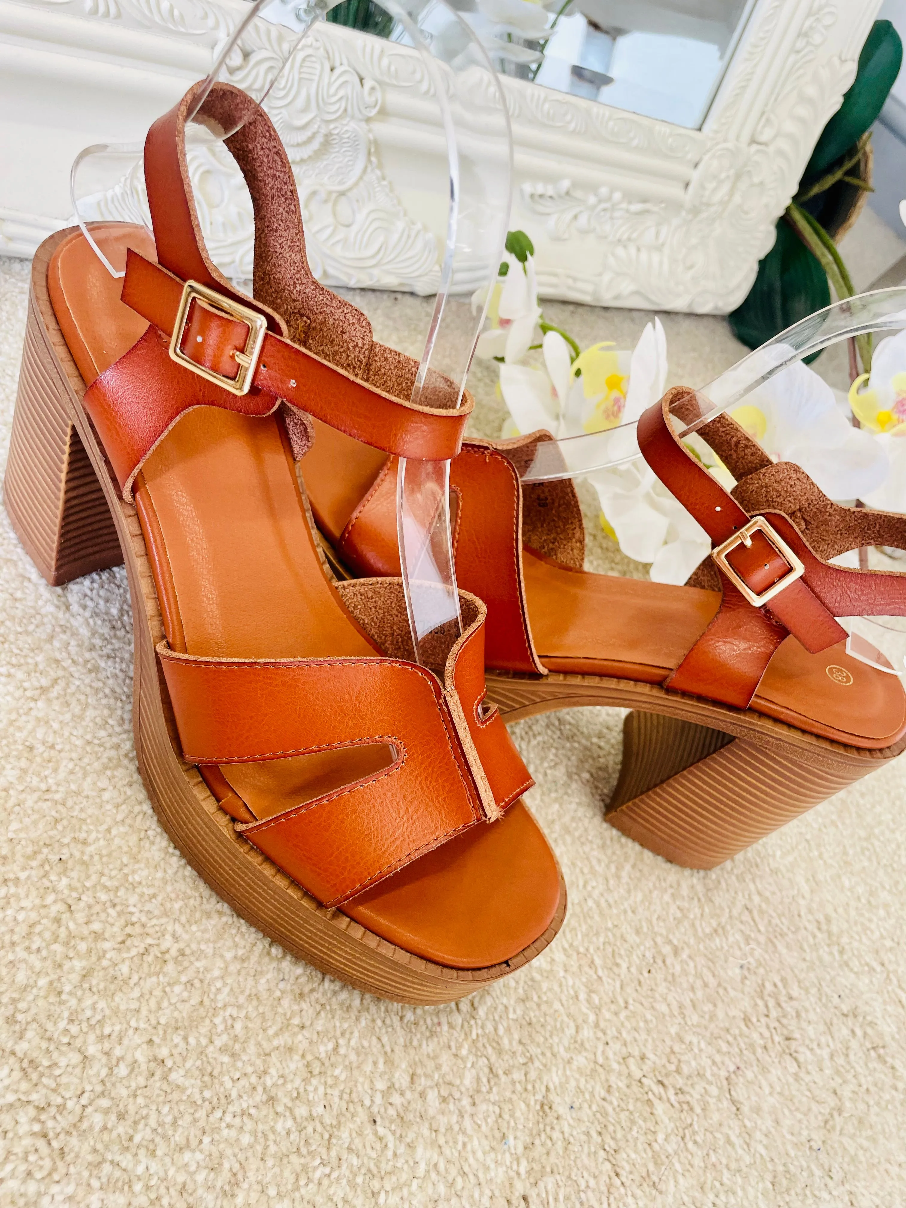 TAN CHUNKY HIGH HEEL SANDALS ( 7885 ) - sizes 3 to 8