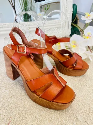 TAN CHUNKY HIGH HEEL SANDALS ( 7885 ) - sizes 3 to 8