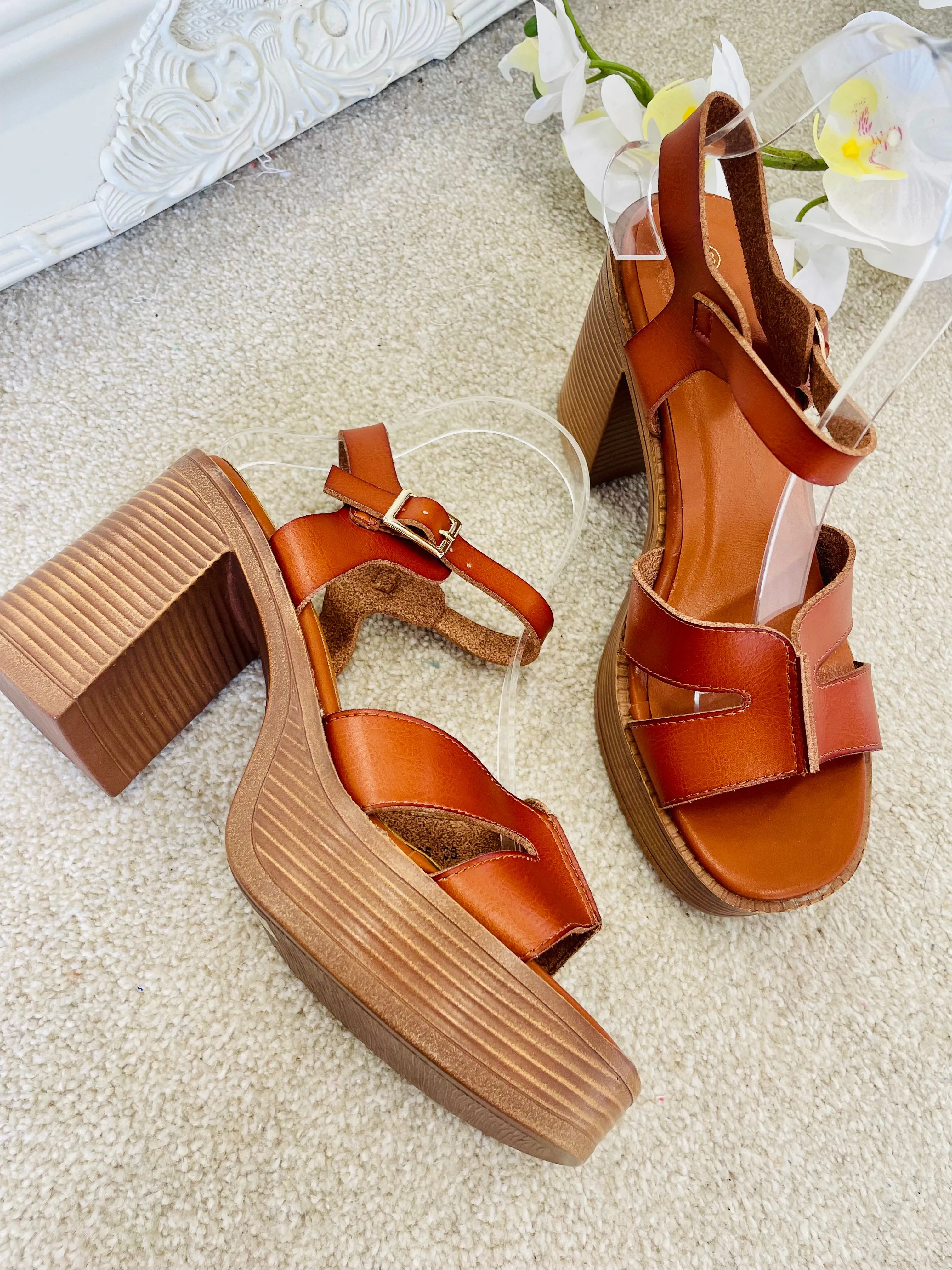TAN CHUNKY HIGH HEEL SANDALS ( 7885 ) - sizes 3 to 8