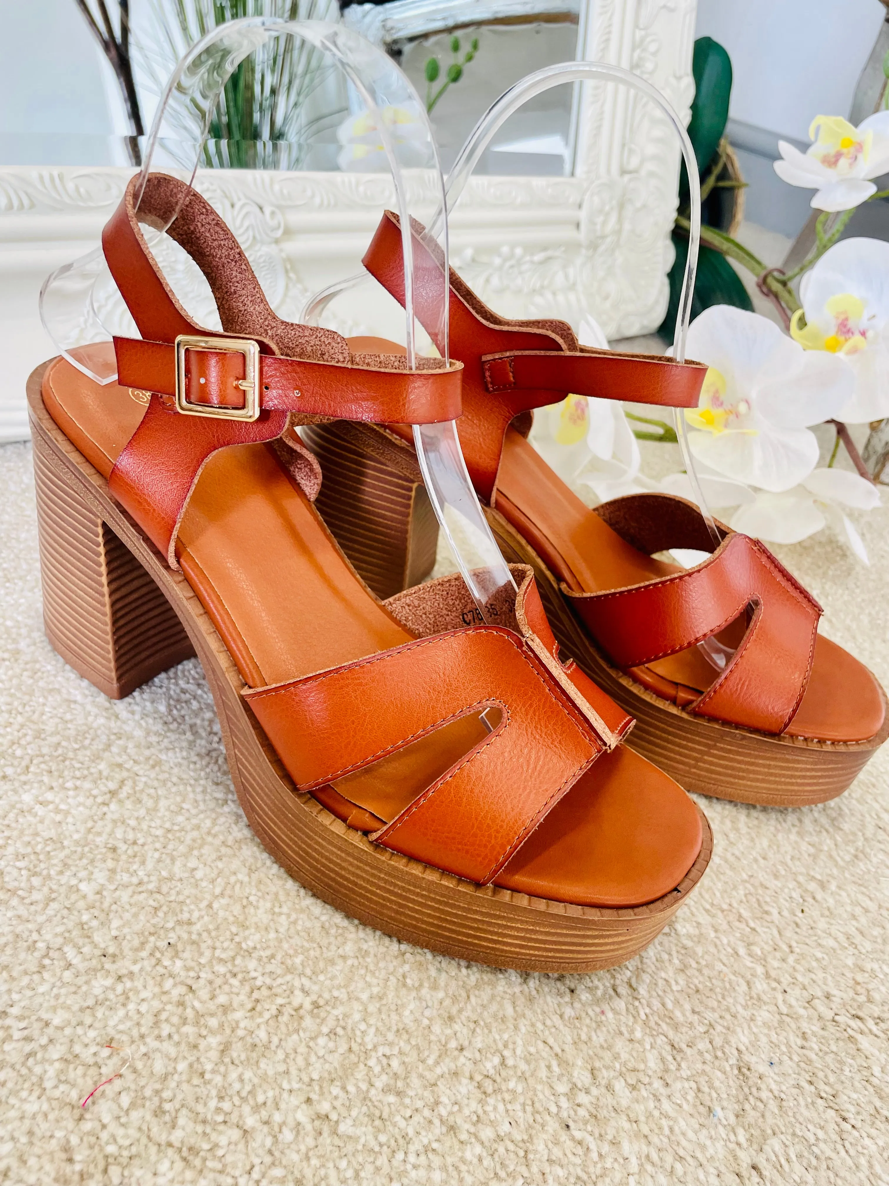 TAN CHUNKY HIGH HEEL SANDALS ( 7885 ) - sizes 3 to 8